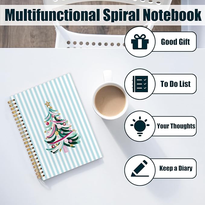 Pastel Christmas Tree Spiral Notebook, Christmas Aesthetic Journal for School Office Supplies, Preppy Xmas Blue Striped Winter Holiday Hardcover Journal 5.5x8.3 Inch