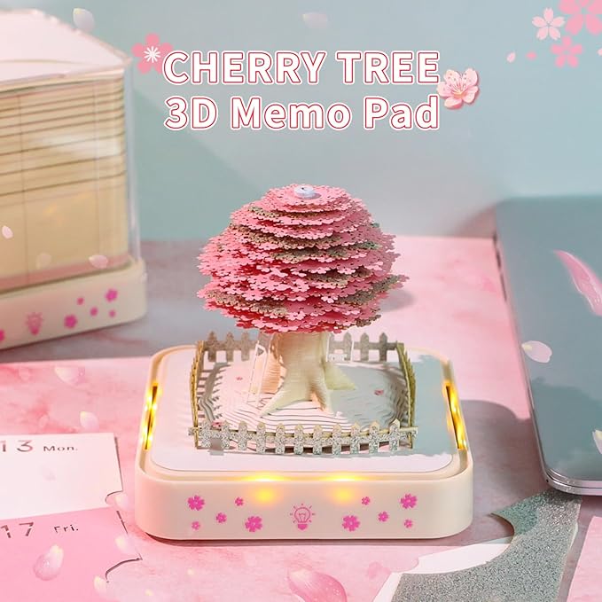 3D Calendar 2026, Cherry Blossom Tree Time Piece Calendar 2026, Daily Tear-Off Memo Pad with LED Glow, Paper Carving Desktop Decoration, Unique Holiday & New Year Paper Craft Gift