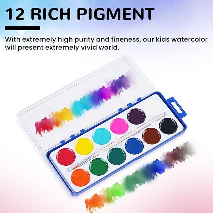 12 Pack Watercolor Paint Set for Kids, 12 Color Washable Water Color Paint, Woodbrushes Included, Christmas Gift