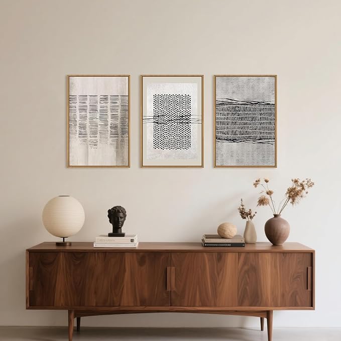Large Abstract Black and Beige Framed Canvas Wall Art,Minimalist Geometric Lines Wall Decor,Cozy Neutral Shapes Artwork,Modern Lines Dots Art Print for Living Room,Bedroom,Office- 16"x24"x3