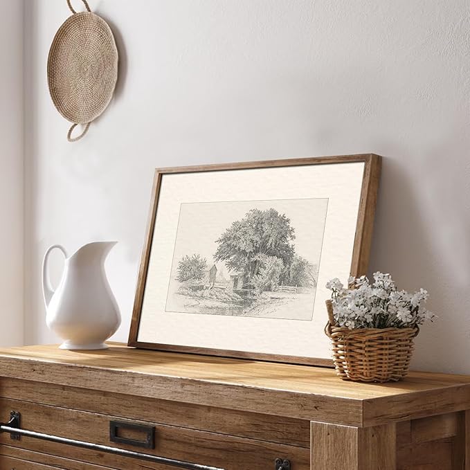 Neutral Vintage Wall Art for Home Decor, Farmhouse Landscape Sketches Wall Decor, Rustic Nature Canvas Prints Vintage Landscape Oil Painting Vintage Art Pictures for Bedroom Bathroom Decor( 8" x 10"-UNFRAMED)