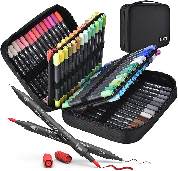 Markers for Adult Coloring Books: 80 Color Dual Tip Fine & Brush Pens - Water-Based Coloring Marker for Adults Drawing Sketching Bullet Journal Writing Lettering No bleeding