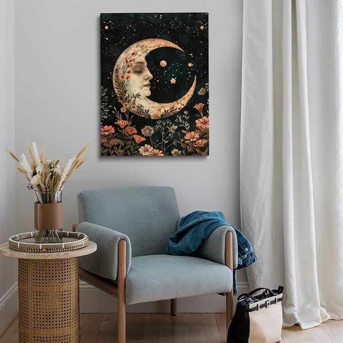 Dark Moody Crescent Moon William Morris Print,Dark Cottagecore Wall Art,Celestial Stars Floral Art Print,Witchy Academia Decor Vintage Cottagecore Decor for Bedroom Dorm 12x16in Unframed poster