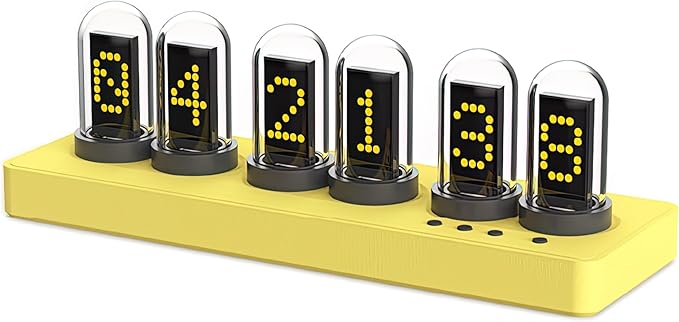 Nixie Tube Clock Glow Tube Clock IPS Color Screen Digital Clock with 6 Sets of Alarm Clocks, 7 Modes, 12 Customized Pictures, Web Control, no app Required (Yellow)