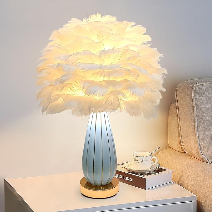Chic White Feather Lamp Creative Feather Bedside Lamp Princess Nightstand Table Lamp Deco Nordic Desk Light for Cute Girl Bedroom Wedding Christmas Gift Living Room Entry Ceramic Body