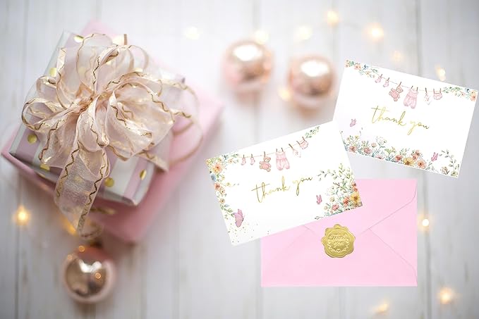50 Pack Pink Baby Shower Thank You Cards Shower Pink Gold Foil Greeting Card with Envelopes And Stickers Set Bulk for Baby Shower Birthday Party (Pink Gold)