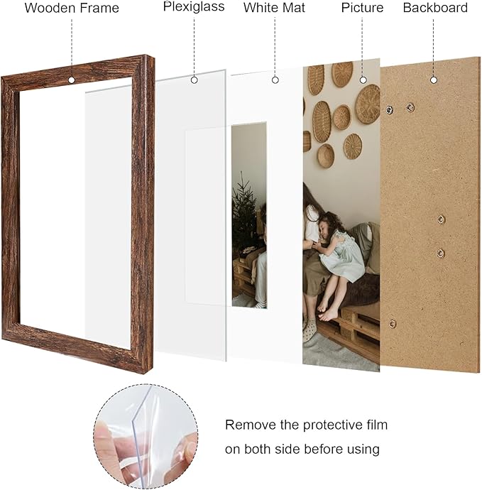 11x14 Picture Frame Set of 9, Photo Gallery Wall Frame Set, Display Pictures 8x10 with Mat or 11 x 14 Without Mat, Multi Photo Frames for Wall Mounting or Table Top Display, Rustic Brown