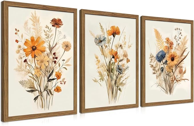 Vintage Wildflower Framed Canvas Wall Art Set of 3 – Rustic Botanical Floral Pictures Prints for Living Room Bedroom Bathroom, Retro Boho Wall Decor for Home Aesthetic 12x16 inch