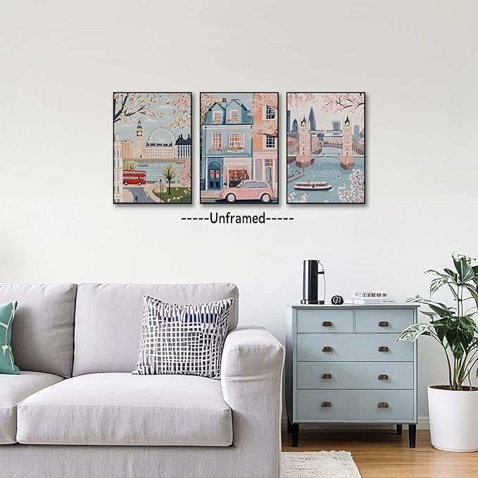 XLARTMY Watercolor City Landscape Travel Wall Art Canvas Framed Pink Cherry Flower Poster Girly Prints Painting Pictures Set of 3 for Bedroom Living Room Office 16x24in Unframed