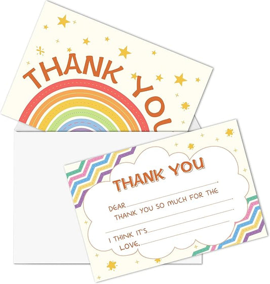Boho Kids Thank You Cards, Boho Rainbow Thank You Card For Baby Shower Birthday Party, Kids Birthday Cards Fill In The Blank, 20 Pack Cute Greeting Cards With Envelopes For Boys And Girls, 001
