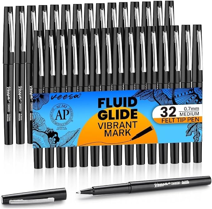 Felt Tip Pens Black, Medium Point (0.7mm), 32 Pack Felt Tip Markers for Writing, Journal, Planner Coloring, Note Taking, School Supplies for Teachers & Students