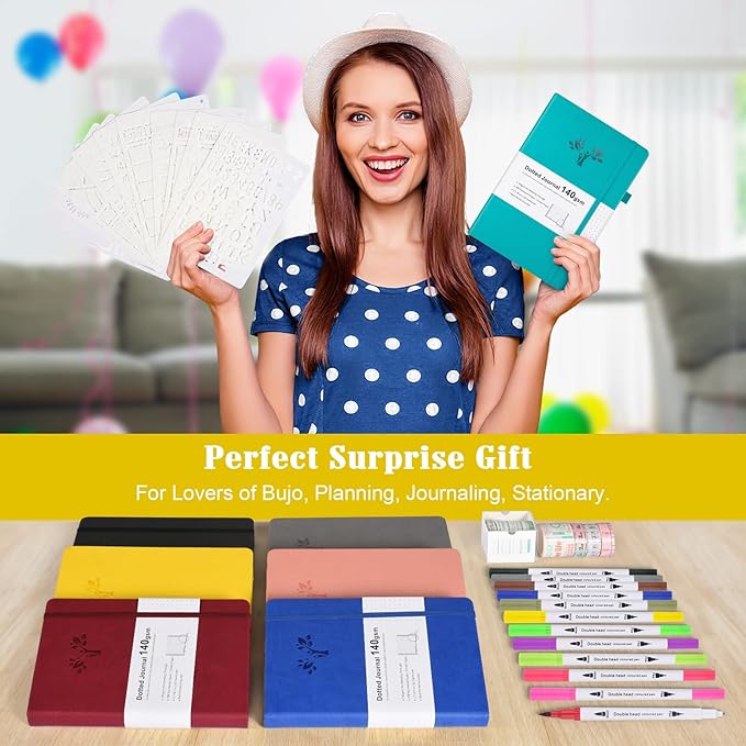 Bullet Dotted Journal Kit, 140gsm No Bleed A5 Dotted Bullet Grid Journal Set with 188 Pages, 10 Stencils, 14 Washi Tape, 12 Brush Pens Dual Tip, Journaling Supplies for Diary Schedule Planner, Yellow