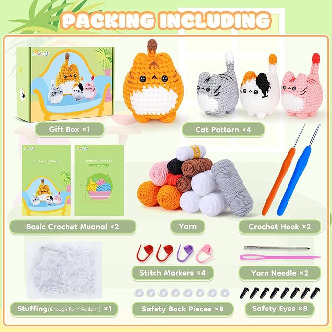 Crochet Kit for Beginners-4PCS Cat Crochet Kits for Adults, Crochet Starter Kit with Step-by-Step Video Tutorials, Crochet Animals Kits DIY Craft Knitting Kit Learn to Crochet Kits for Adults