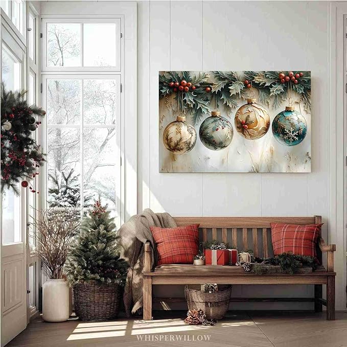 Christmas Ornament Balls Holiday Ball Decor Festive Print Vintage Christmas Canvas Wall Art Hanging Poster Vintage Holiday Print Indoor Decor for Home Offices Living Room Bedroom Dining Room farmhouse