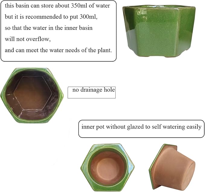 African Violet Pots 6 inch Hexagon Self-Watering Ceramic Pots 4.50'' Opening(Green)
