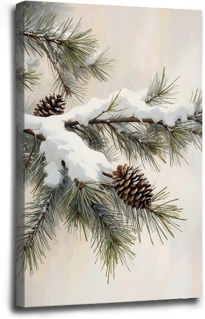Framed Canvas Wall Art Snowy Fir Branch with Pinecones Vintage Winter Botanical Art Rustic Cottagecore Nature Decor Christmas Wall Print 24x36in Wood Framed