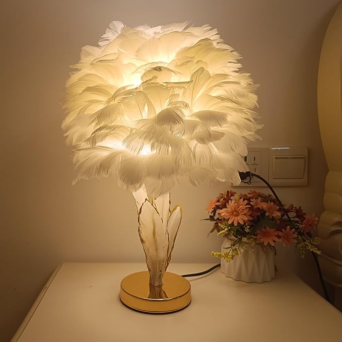 Chic White Feather Lamp Creative Furry Table Lamp Modern Feather Desk Lights Romantic Princess Bedside Nightstand Light for Teen Girls Bedroom Decor Living Room Wedding Christmas Kids Room