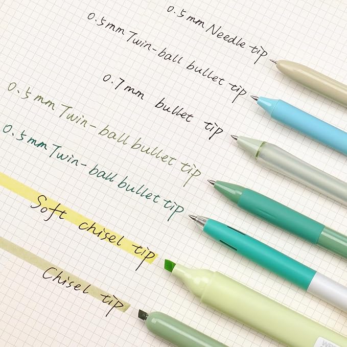 WRITECH Gel Pens Journaling Highlighters: Journal Set Aesthetic Assorted Pastel Color Ink 0.5mm Fine Point Retractable 0.7mm Black Pen Smooth Writing Drawing No Bleed 7ct (Green)