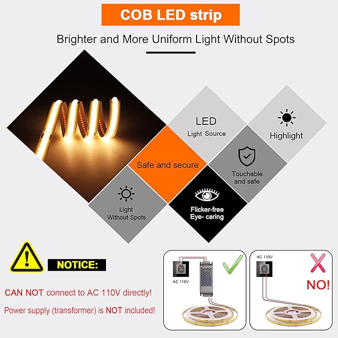 12V Pink Color COB LED Strip Light Tape 8mm Wide Flexible Cuttable 480LEDs/m 16.4FT/5M CRI 90 for Bedroom Decor Romantic Atmosphere Lighting (DC12V, Without Power Supply)