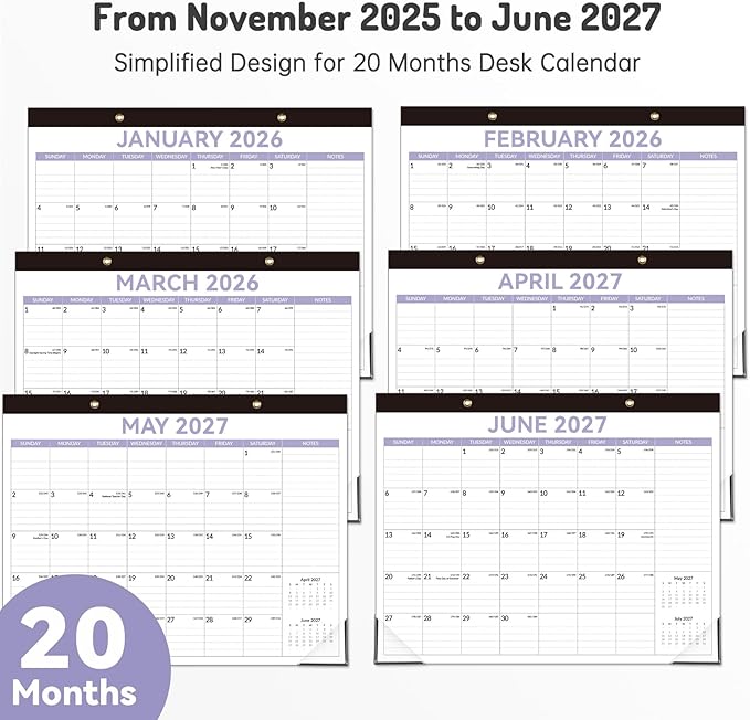 Forvencer Desk Calendar 2026, 20 Months Calendar, Nov. 2025-Jun. 2027, 14" x 11" Wall Calendar 2026 Monthly Planner with Plastic Cover & Stickers & Thick Paper for Office Home School Supplies, Purple