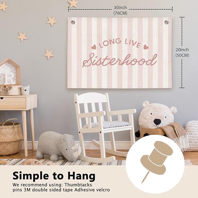 Preppy Long Live Sisterhood Pink Striped Girls Room Decor - Linen Banner Wall Hanging Canvas Banner Flag Decor for Girly Nursery Toddler Playroom Bedroom Dorm Apartment