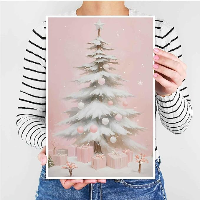 Canvas Wall Art Pink Christmas Tree Wall Art Print Holiday Poster Trendy Christmas Decor 28x40in-UnFramed