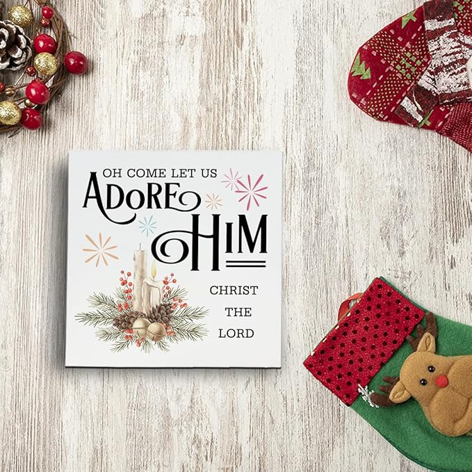Christmas Christian Wooden Desk Decor Sign, Oh Come Let Us Adore Him Christ The Lord Wooden Box Sign, Religious Christmas Home Plaque for Living Room Bedroom Tabletop Decor 5x5 Inches