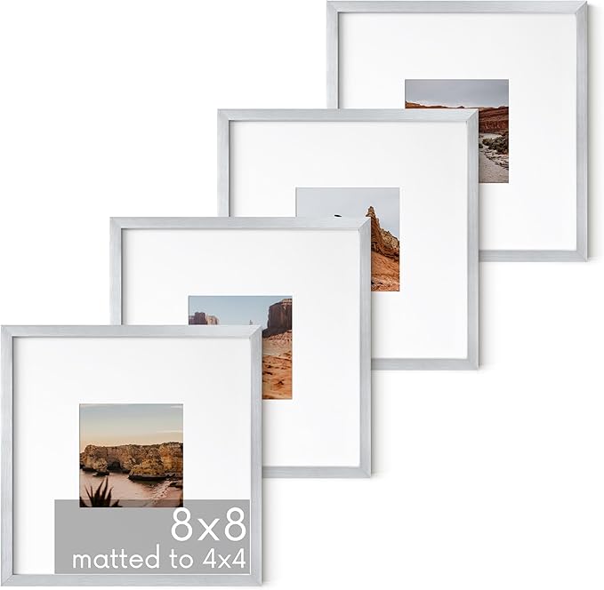 HAUS AND HUES 8x8 Silver Metal Picture Frames Matted to 4x4 - Premium Aluminum with Hanging Hardware, Shatterproof Plexiglass - Ideal for Home or Office (8x8 in, Silver, Set of 4)
