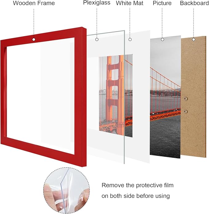 12x12 Picture Frame Set of 9, Photo Gallery Wall Frame Set, Display Pictures 8x8 with Mat or 12 x 12 Without Mat, Square Frame Picture Frames Collage Wall Decor, Red