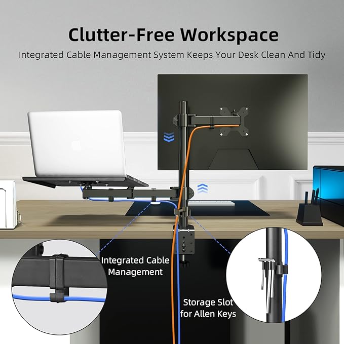 Suptek Monitor and Laptop Mount Holds 13-32 inch Computer Screen,Adjustable Monitor Arm Stand with Laptop Tray for 13-27 inch,Hold 22 lbs, with Clamp and Grommet Mounting Base