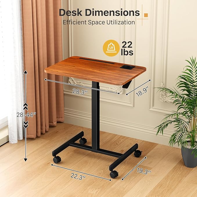 Mobile Standing Desk, Rolling Laptop Cart Adjustable Height with Cup Holder, 28 inch Portable Table with 4 Lockable Wheels, Walnut Computer Workstation with Hook and Slots for Home Office