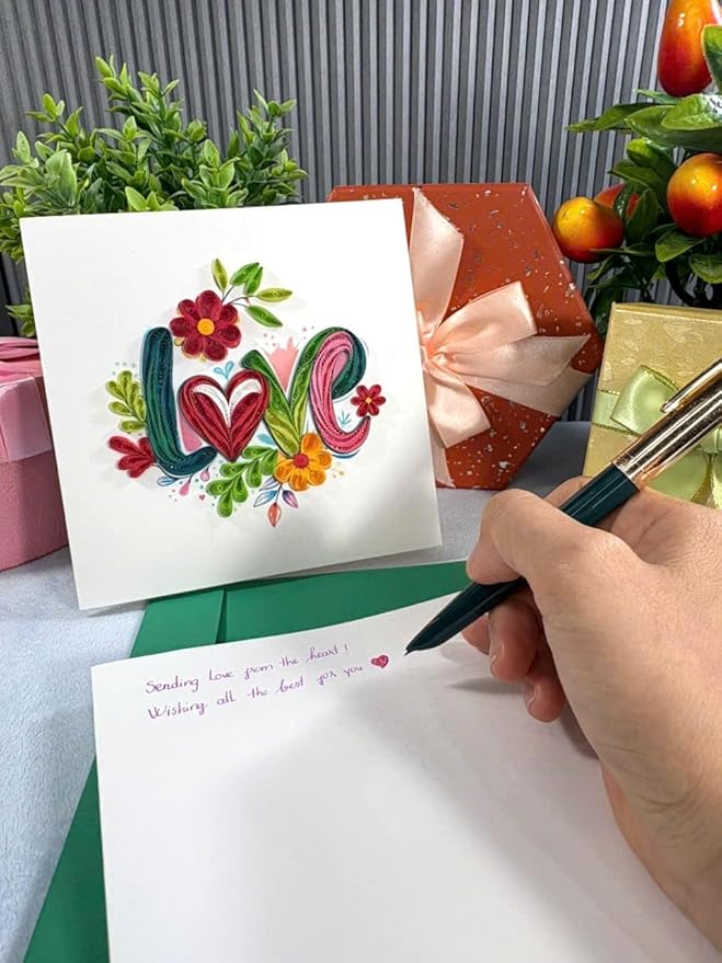 Handmade Quilling Love Greeting Card Unique Floral Art Gift for Her Romantic Anniversary Birthday Valentine Special Occasion Keepsake