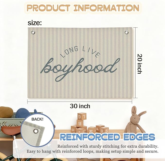 Long Live Boyhood Banner Wall Hanging, Boys Room Decor Wall Art,Preppy Blue Striped Wall Decor Hanging Print for Kids Boys Toddler Nursery Bedroom Playroom 30X20 Inch