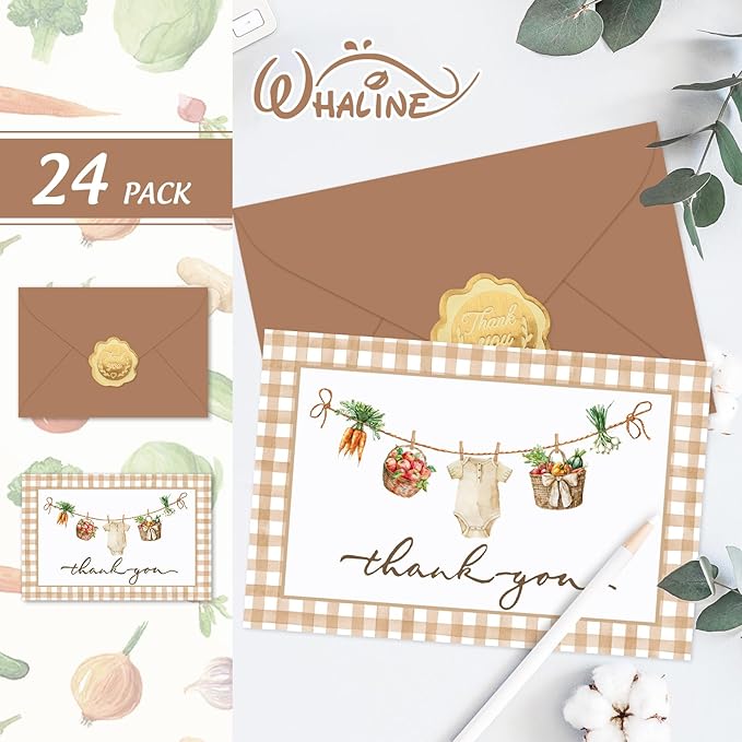 Whaline 24 Pack Baby Shower Thank You Cards Brown Plaid Vegetable Greeting Cards with Envelopes Stickers Cute Blank Note Card for Party Supplies, 4 x 6 Inch