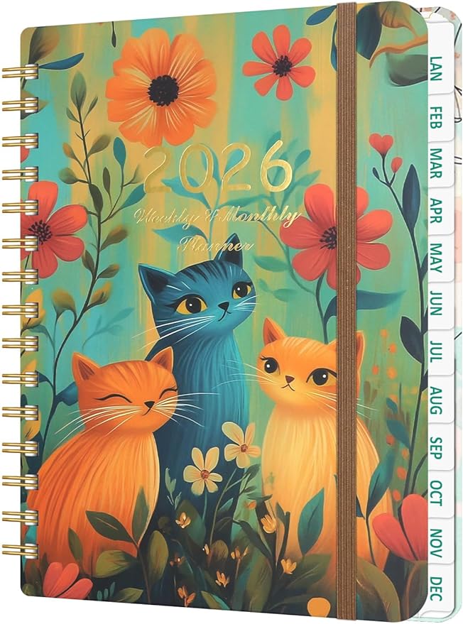 2026 Weekly and Monthly Planner - 2026 Hardcover Calendar Planner, Jan. 2026 - Dec. 2026, Daily Agenda Book with Tabs, Twin-Wire Binding, Back Pocket, School Teacher Student Supplies, A5(6.3" x 8.5") (Cat)