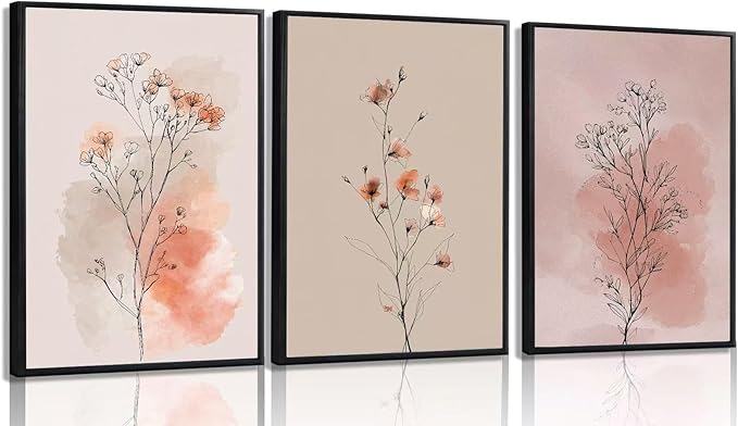okudolit Boho Vintage Flower Wall Art Set of 3 Minimalist Floral Botanical Prints Rustic Wildflower Wall Decor Beige and Pink Neutral Plant Painting for Living Room Bedroom Office-16x24in