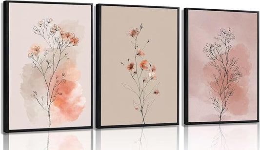 okudolit Boho Vintage Flower Wall Art Set of 3 Minimalist Floral Botanical Prints Rustic Wildflower Wall Decor Beige and Pink Neutral Plant Painting for Living Room Bedroom Office-16x24in