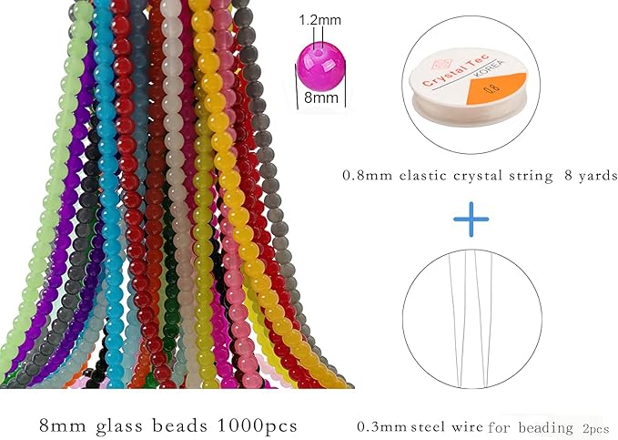 Pamir Tong 1000PCS 8mm Glass Round Beads Bulk， Imitative Jade Beads, Bracelet Loose Beads for Jewelry Making Earring, Necklaces, and DIY Crafts
