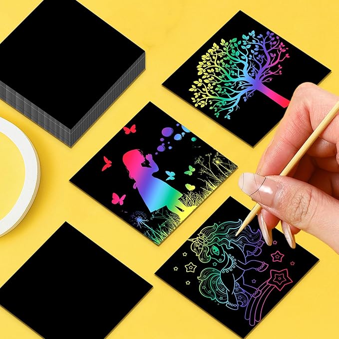 Lenwen 500 Pack Scratch Cards Rainbow Note Scratch Pads with 20 Bamboo Stylus for People Paper DIY Paper Craft Kits Birthday Party Favors Supplies(Rainbow,500)