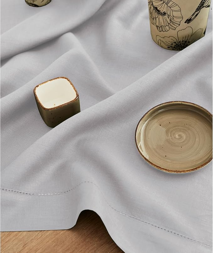 Solino Home Linen Soft Grey Table Runner 120 Inches Long - 100% Pure Linen Hemstitch 14 x 120 Inch Table Runner for Dining, Spring, Easter - Classic Hemstitch