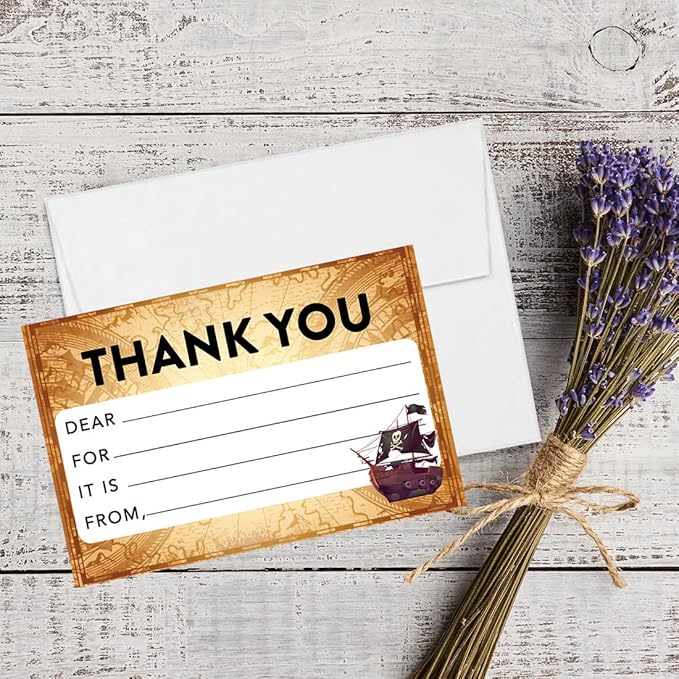 Andaz Press Kids Fill in the Blank Thank You Cards - 20 Cards Including Envelopes Pirate Theme Gender Neutral Note Cards For Boys Girls Birthday Party Thank You Notes for Friends, Family Party Guests