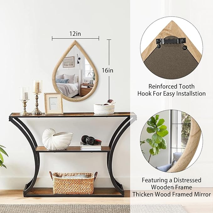 Small Wall Mirror Decorative Farmhouse Rustic Teardrop Wall Hanging Mirrors Walnut Wood Framed Irregular Mirror for Bathroom Living Room Bedroom Entrance
