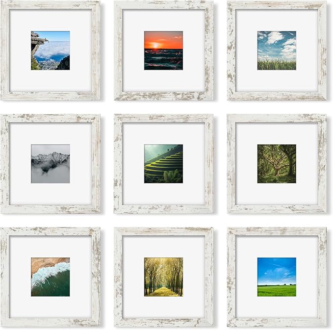 8x8 Picture Frame Set of 9, Photo Gallery Wall Frame Set, Display Pictures 4x4 with Mat or 8 x 8 Without Mat, Square Frame Picture Frames Collage Wall decor, Distressed White