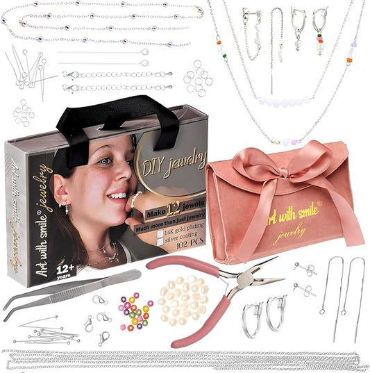 Jewelry Making Kit for Adults & Teens - Girls' DIY Bracelet Making Kit, Friendship Bracelet Kit w/Beads, Chains, Tools with 14K Gold & Silver-Plated Accessories for Necklaces & Earrings (Silver)
