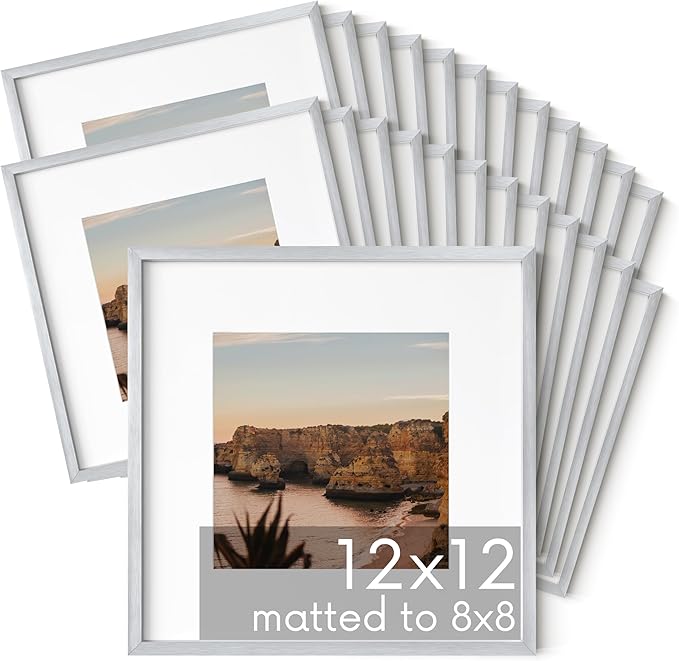 HAUS AND HUES 12x12 Silver Metal Picture Frames Matted to 8x8 - Features Premium Aluminum & Hanging Hardware, Shatterproof Plexiglass - Ideal for Home, Room, Office (12x12 in, Silver, Set of 25)