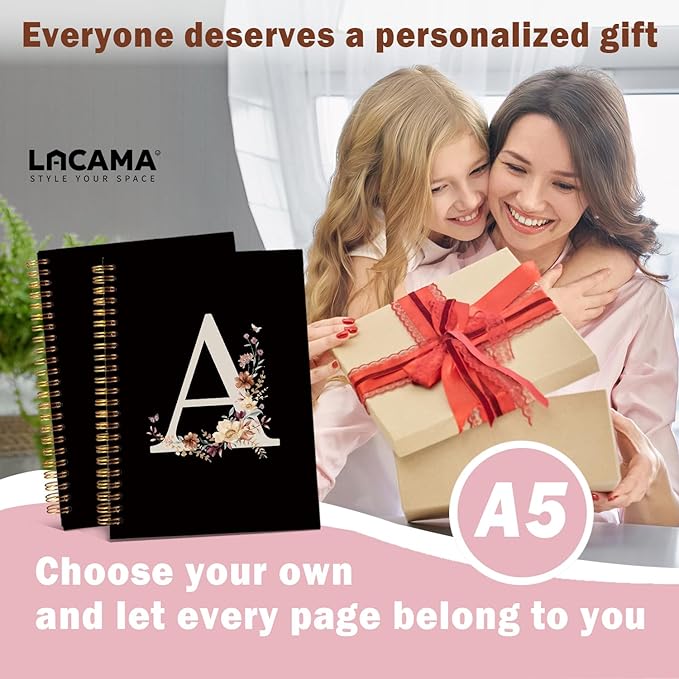 Lacama Black Initial Letter A School Notebook Journal, Aesthetic Wildflower Personalized Spiral Notebook, School Supplies, Customized Monogrammed Gifts, Birthday Gifts for Women, Office Supplies