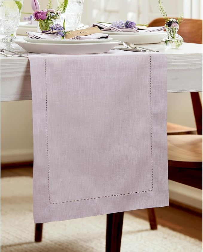 Solino Home Linen Lilac Table Runner 132 Inches Long - 100% Pure Linen Extra Long Table Runner 14 x 132 Inch for Valentines, Spring, Easter - Classic Hemstitch