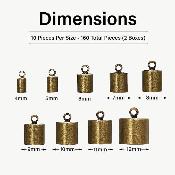 Mandala Crafts Antique Brass Leather Cord End Caps for Jewelry Making, Tassel Caps, 4mm to 12mm 160 PCs Cylinder Cord Ends, Kumihimo Supplies and Jewelry Findings