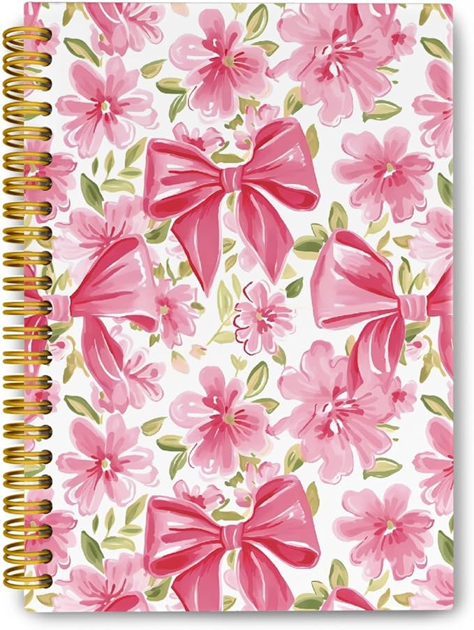 Coquette Pink Bow Floral Spiral Notebook For Women, Maximalist Journaling Notebooks, Cute Pink Notebook Journal, Pink Office Supplies, Hardcover Spiral Lined Notebook 5.5 x 8.3