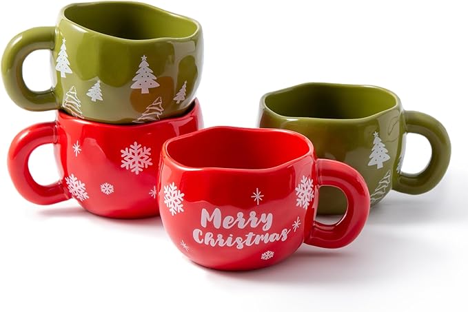 4pcs Cute Ceramic Coffee Mug, 9.4OZ Handmade Porcelain Tea Mugs, Ceramic Cup Sets for Matcha, Dishwasher & Microwave Safe, Christmas Gift(Christmas Tree)